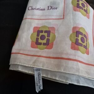 Dior Vintage White Floral Logo Cotton Scarf - Pink & Yellow Pattern